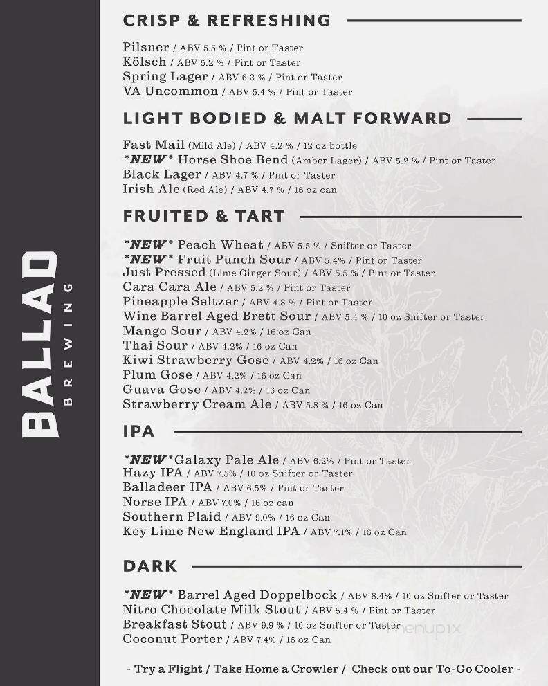 Ballad Brewing - Danville, VA menu_pic