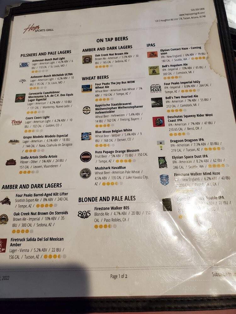 Hops Sports Grill - Tucson, AZ menu_pic
