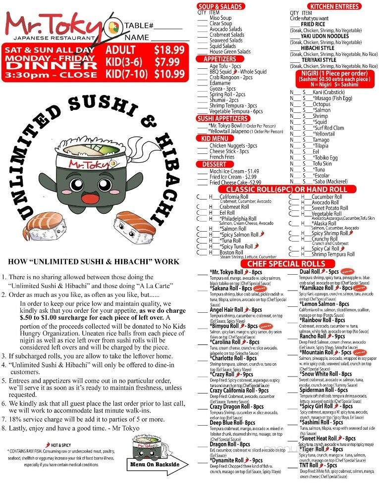Mr Tokyo Japanese Restaurant - Monroe, NC menu_pic