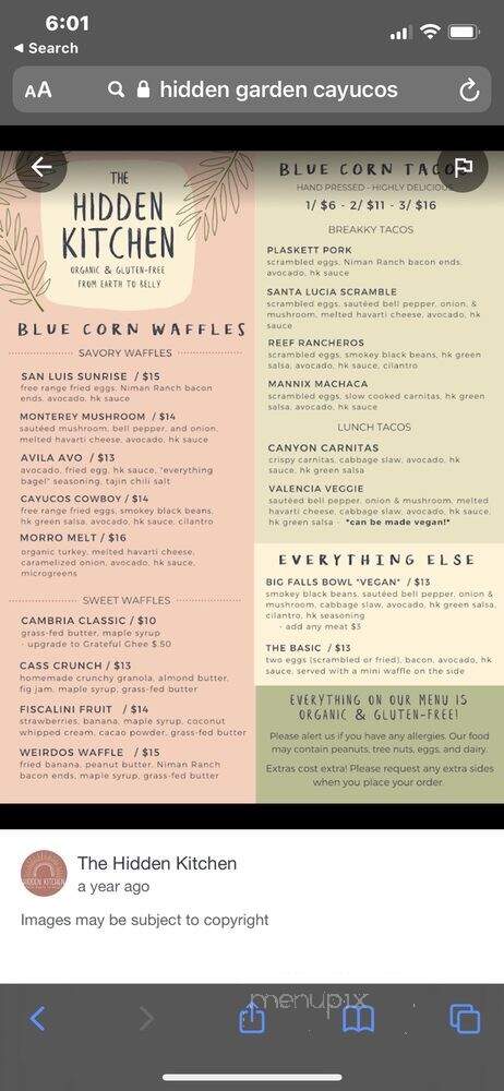 The Hidden Kitchen - Cayucos, CA menu_pic