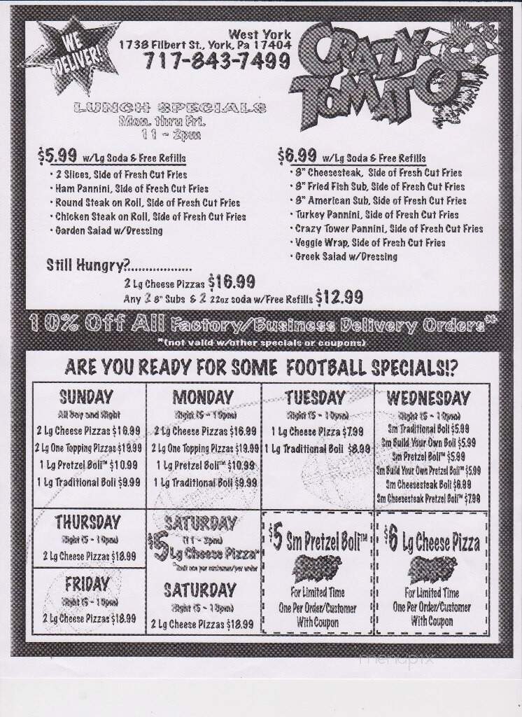 Crazy Tomato West - York, PA menu_pic