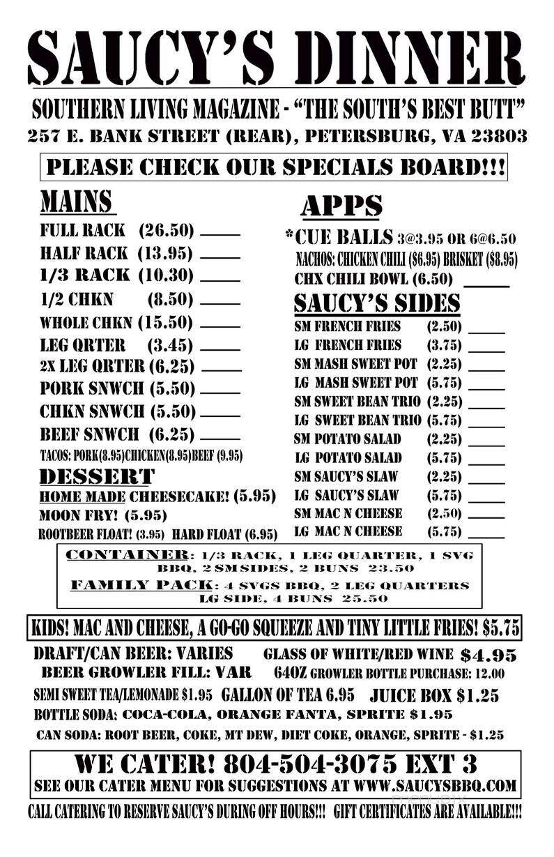 Saucy's - Petersburg, VA menu_pic