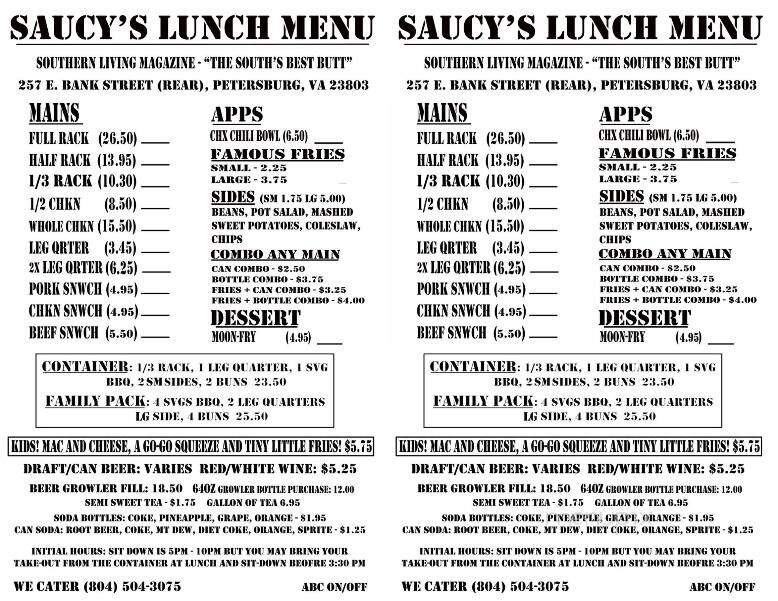 Saucy's - Petersburg, VA menu_pic