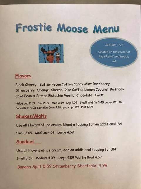 Frostie Moose Ice cream store - Woodbridge, VA menu_pic