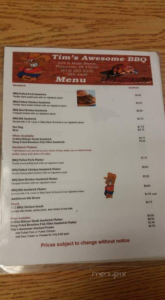 Tim's Awesome BBQ - Princeton, IN menu_pic
