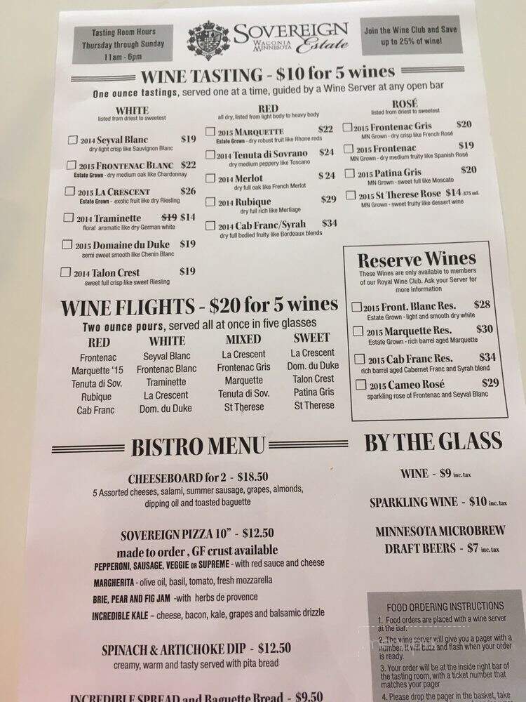 Sovereign Estate Winery Bistro - Waconia, MN menu_pic