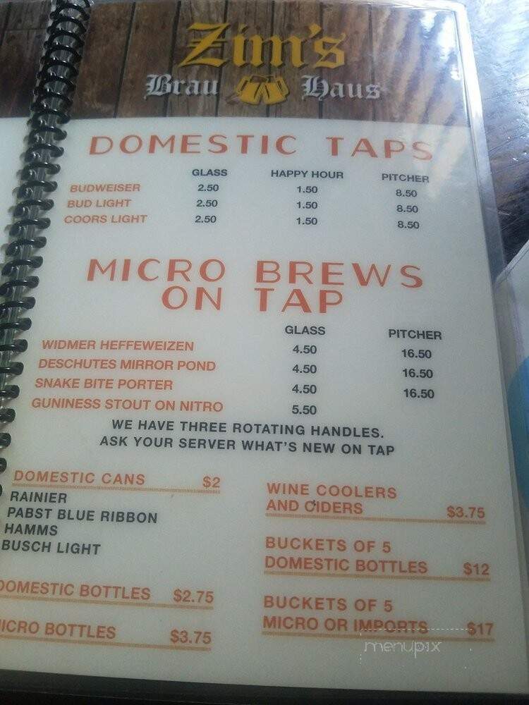 Zim's Brau Haus - The Dalles, OR menu_pic