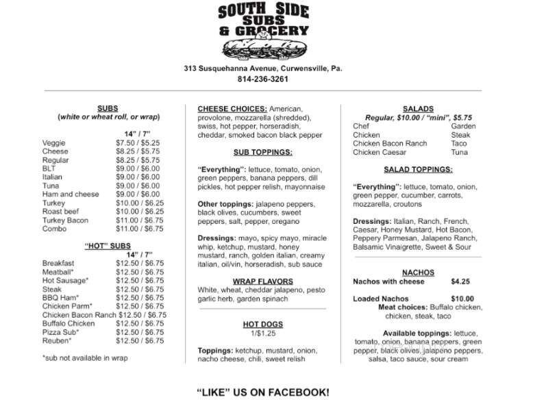 South Side Subs & Groceries - Curwensville, PA menu_pic