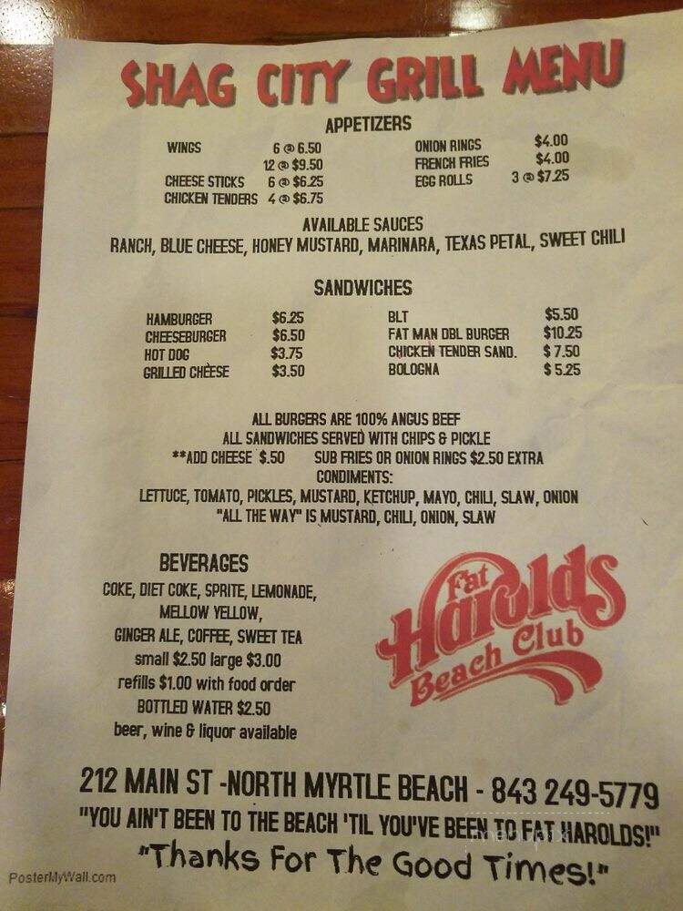 Fat Harold's Beach Club - North Myrtle Beach, SC menu_pic