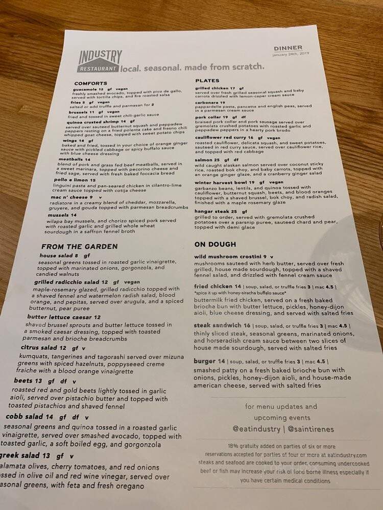 Industry Restaurant - Tualatin, OR menu_pic