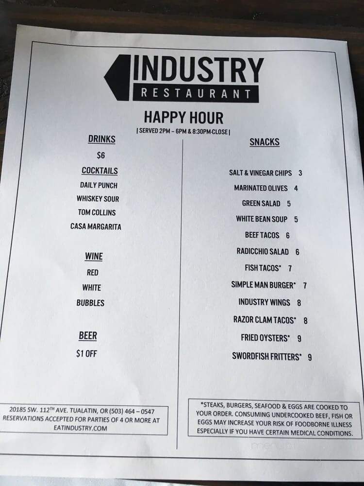 Industry Restaurant - Tualatin, OR menu_pic