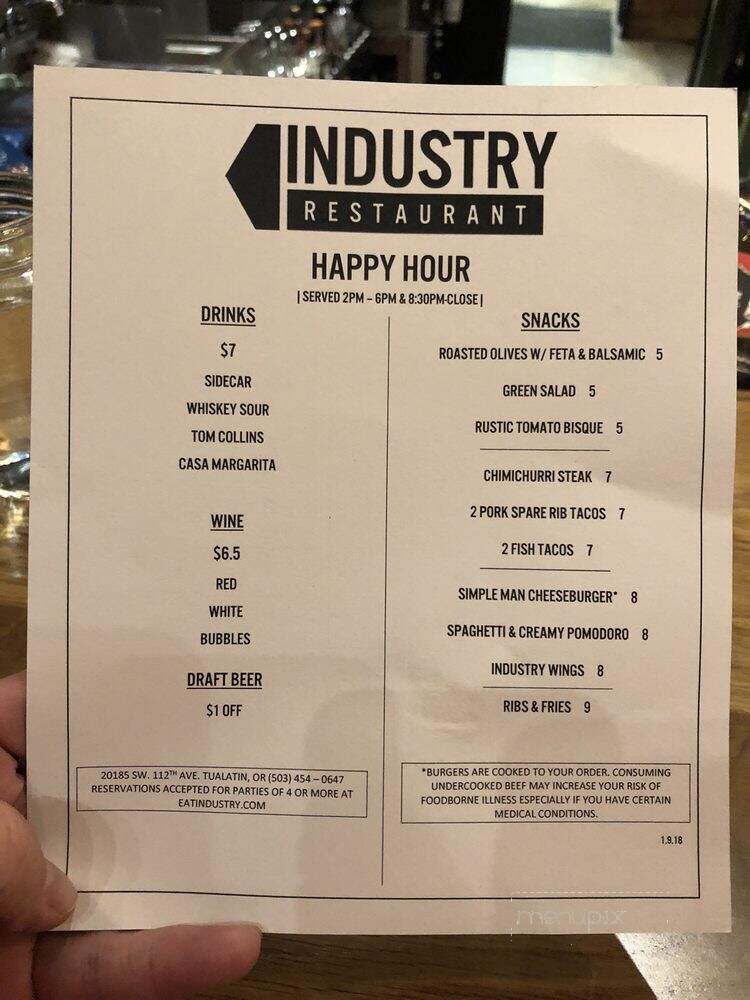 Industry Restaurant - Tualatin, OR menu_pic