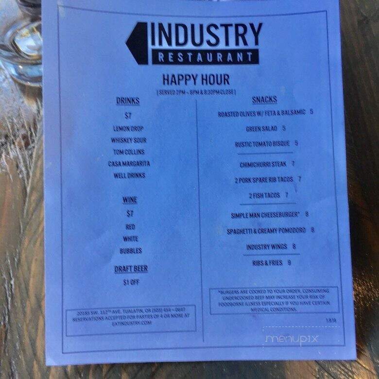 Industry Restaurant - Tualatin, OR menu_pic