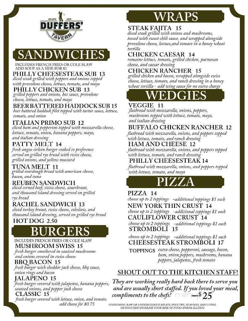 Duffers Tavern - DuBois, PA menu_pic