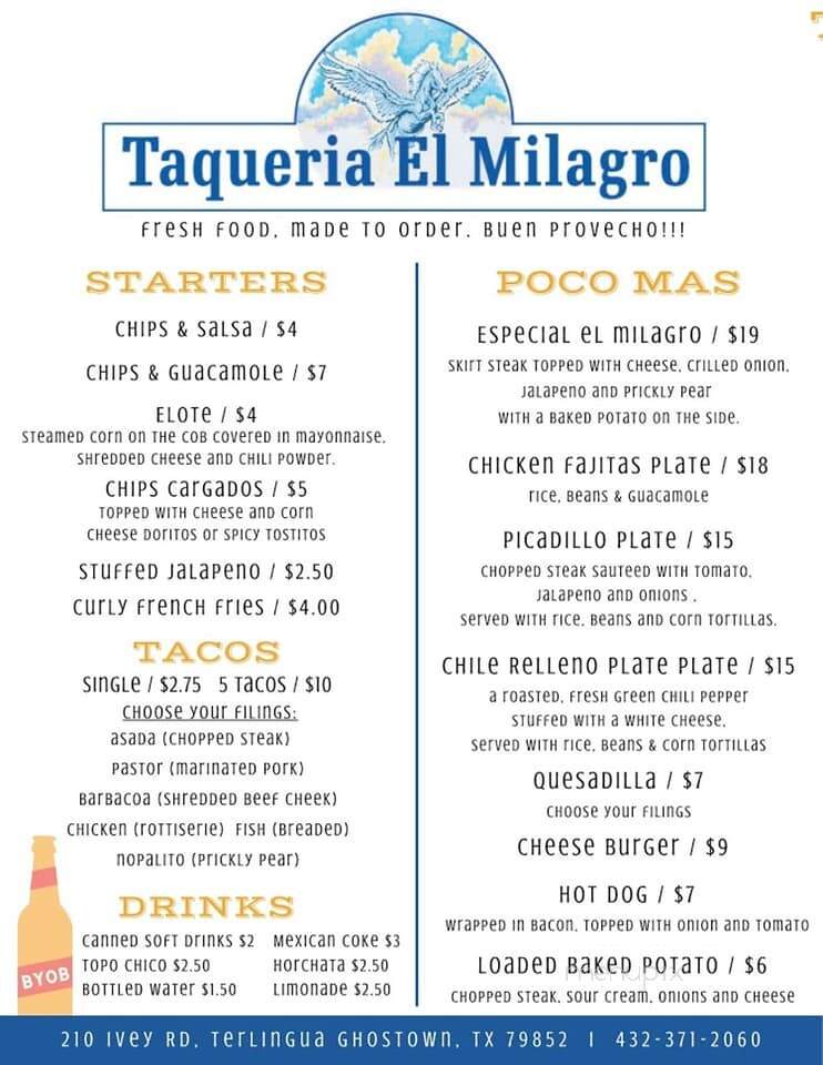 La Posada Milagro - Terlingua, TX menu_pic
