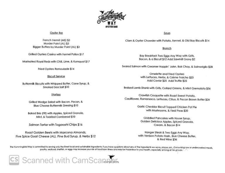 The Hummingbird Way - Mobile, AL menu_pic