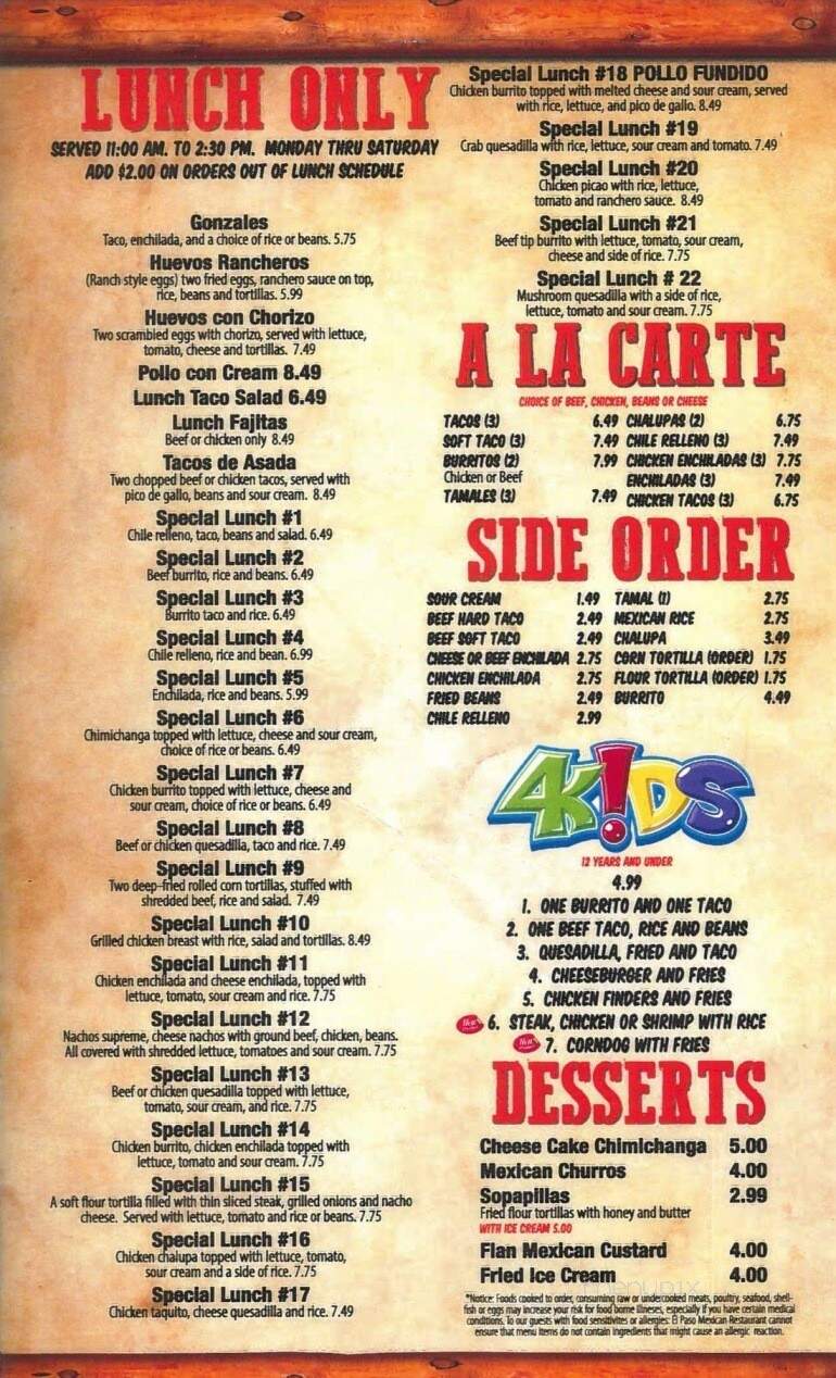 El paso Mexican Grill - Blairsville, PA menu_pic