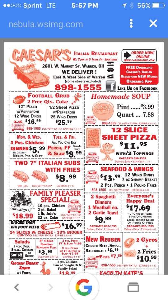 Caesar's Italian Restaurant - Warren, OH menu_pic