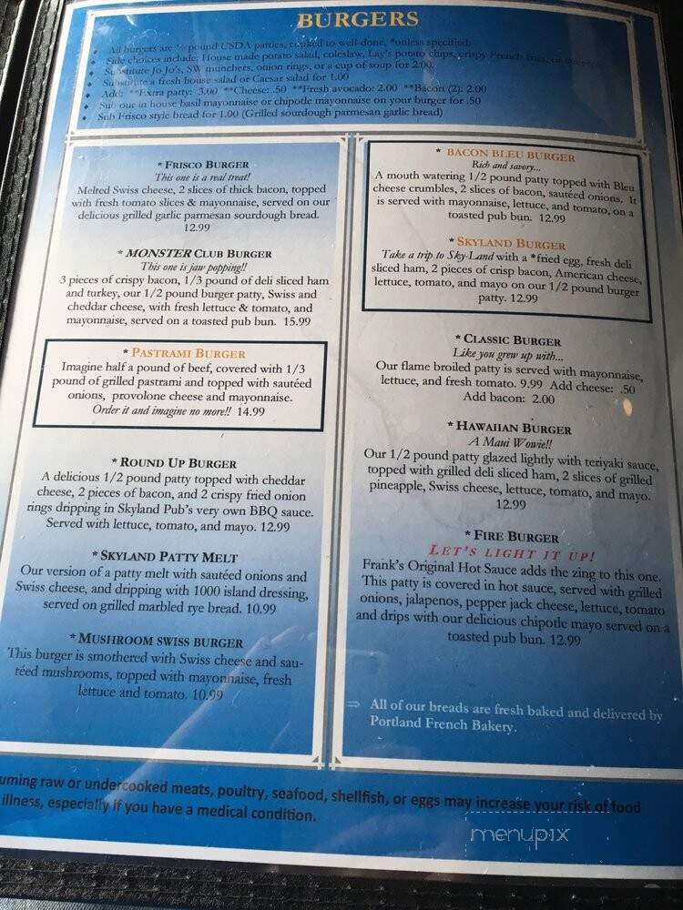 Skyland Pub - Troutdale, OR menu_pic