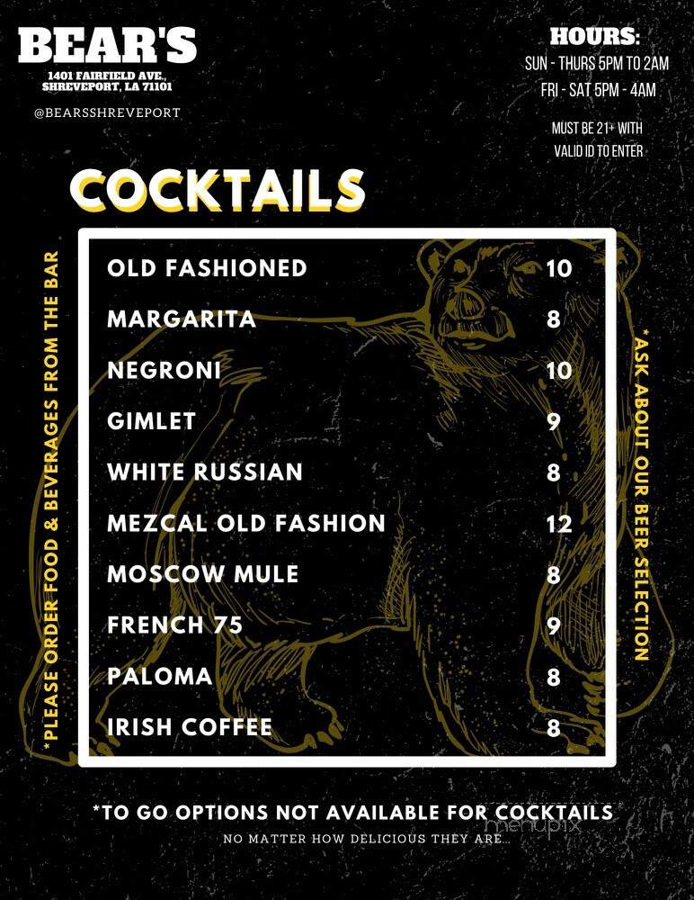 Bears - Shreveport, LA menu_pic