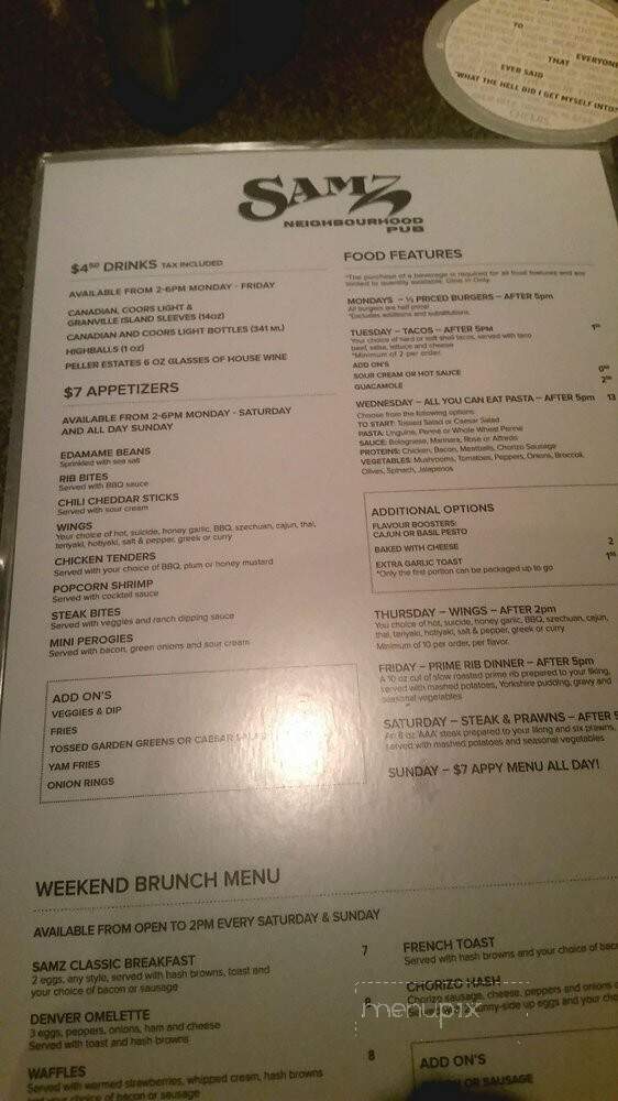 Samz Pub - Port Coquitlam, BC menu_pic