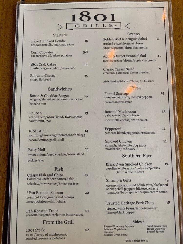 1801 Grille - Columbia, SC menu_pic