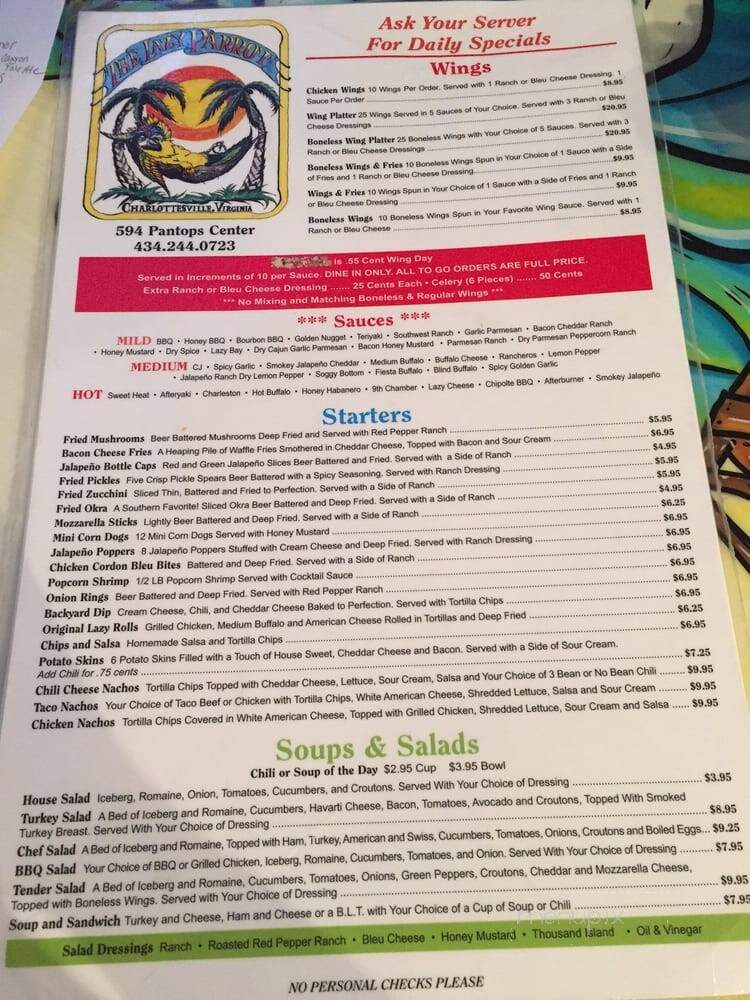 Lazy Parrot Backyard BBQ - Charlottesville, VA menu_pic