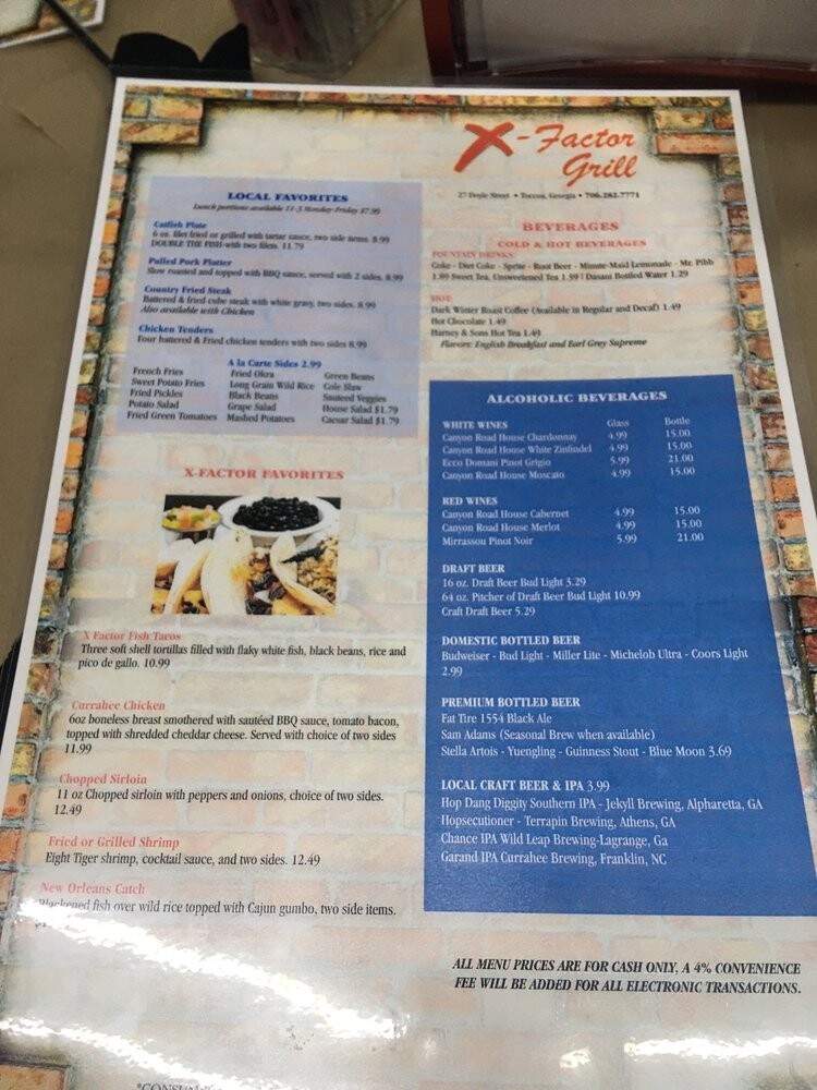 The X-Factor Grill & Cornerstone Restaurant - Toccoa, GA menu_pic