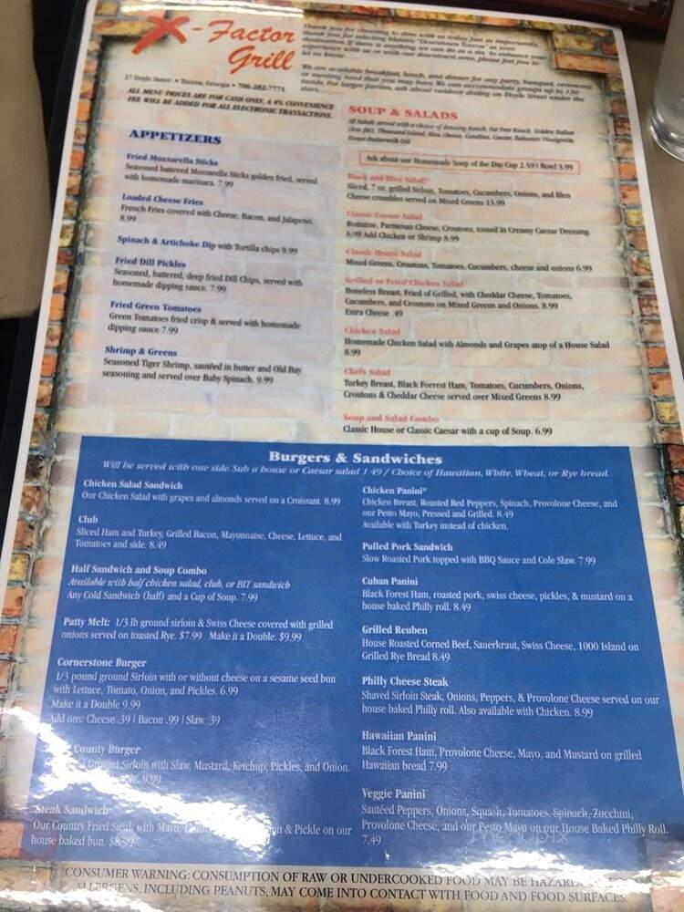 The X-Factor Grill & Cornerstone Restaurant - Toccoa, GA menu_pic