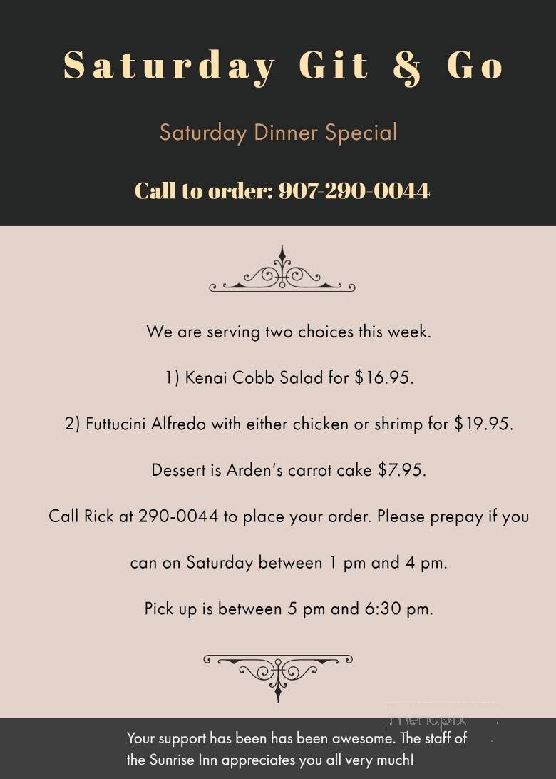 Sunrise Inn - Cooper Landing, AK menu_pic