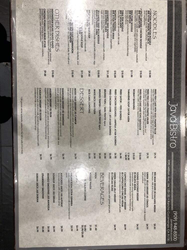 Java Bistro - Rancho Cucamonga, CA menu_pic