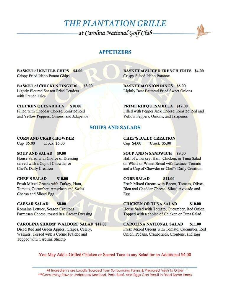 Plantation Grille at Carolina National Golf Club - Bolivia, NC menu_pic