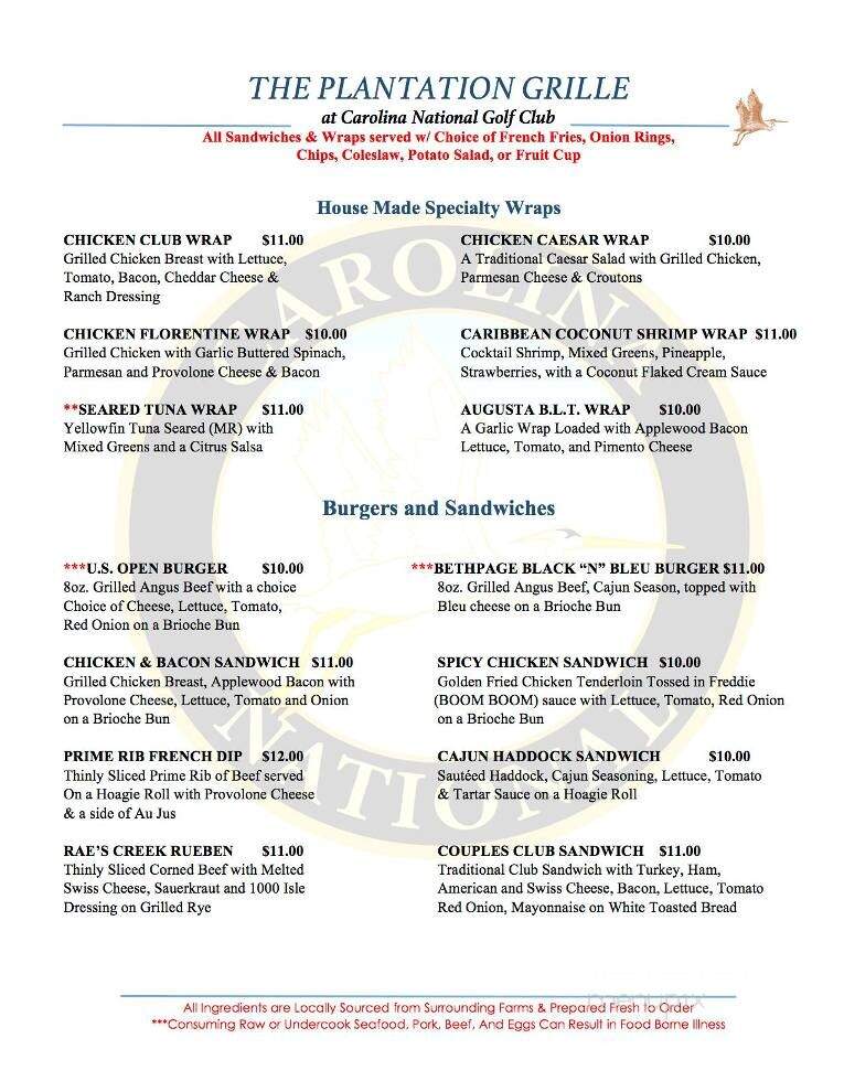 Plantation Grille at Carolina National Golf Club - Bolivia, NC menu_pic