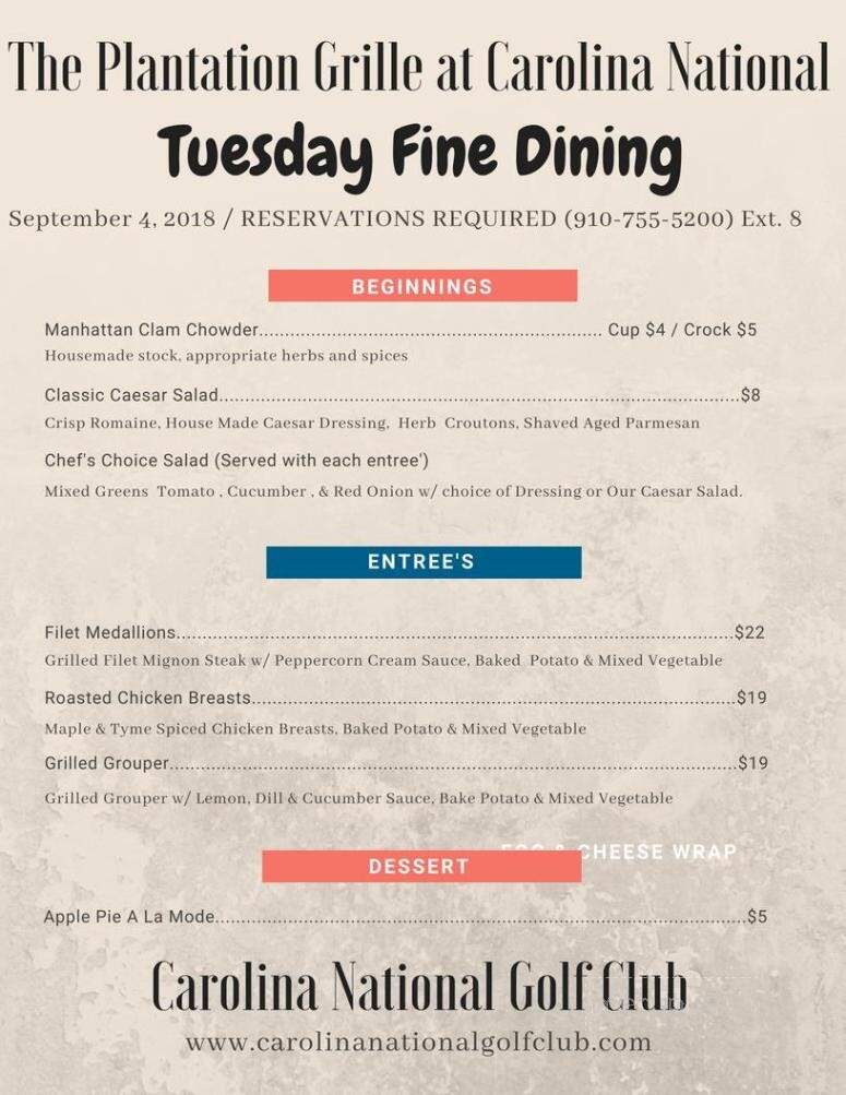Plantation Grille at Carolina National Golf Club - Bolivia, NC menu_pic