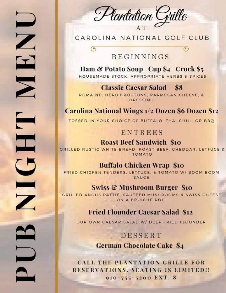 Plantation Grille at Carolina National Golf Club - Bolivia, NC menu_pic