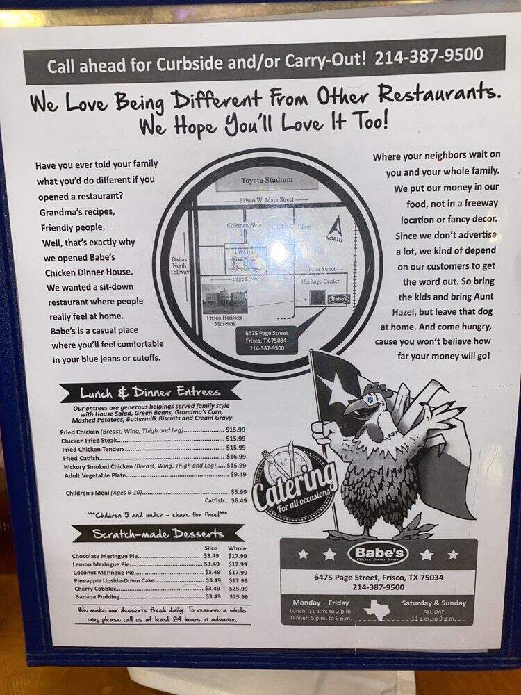Babe's Chicken Dinner House - Frisco, TX menu_pic