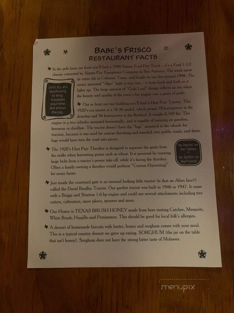 Babe's Chicken Dinner House - Frisco, TX menu_pic
