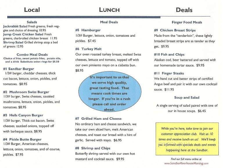 Sandbar Riverhouse - Marsing, ID menu_pic