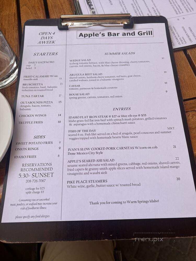 Apples Bar & Grill - Ketchum, ID menu_pic