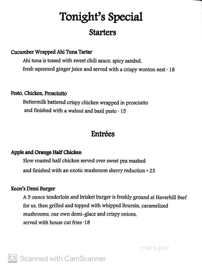 Keon's 105 Bistro - Haverhill, MA menu_pic