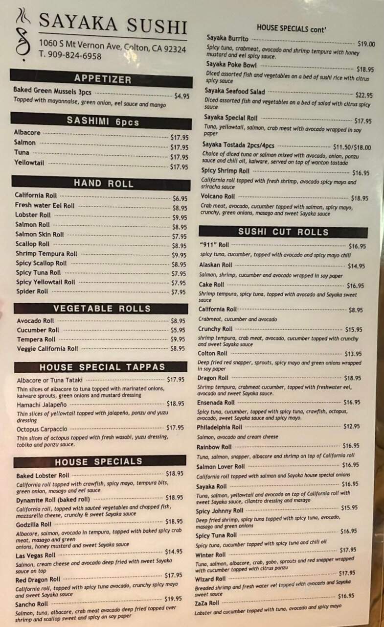 Sayaka Japanese Restaurant - Colton, CA menu_pic