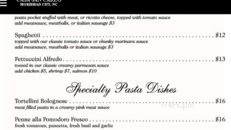 Casa San Carlo - Morehead City, NC menu_pic