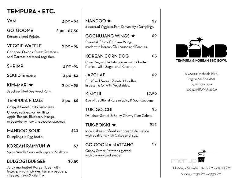 Bomb Tempura & Korean BBQ Bowl - Regina, SK menu_pic