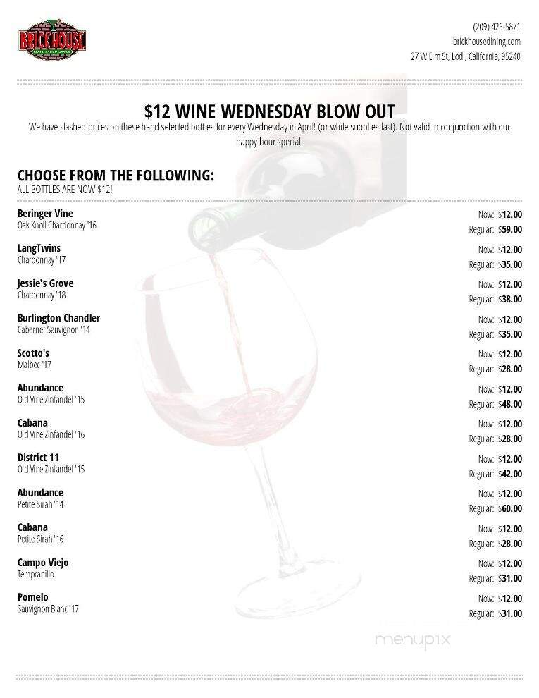 Brick House Restaurant & Lounge - Lodi, CA menu_pic