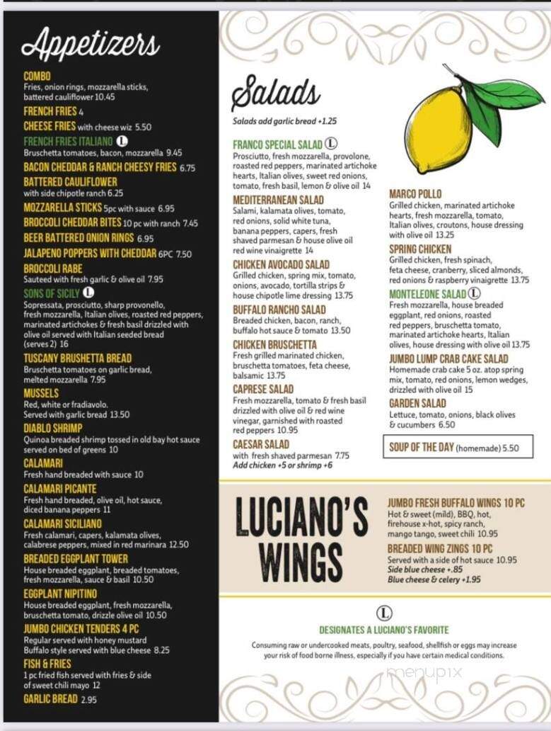 Lucianos Pizzeria Ristorante - LIMERICK, PA menu_pic