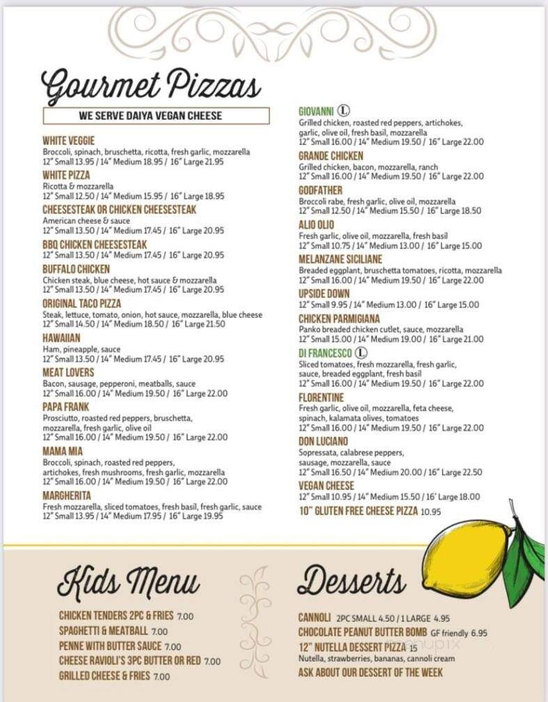 Lucianos Pizzeria Ristorante - LIMERICK, PA menu_pic