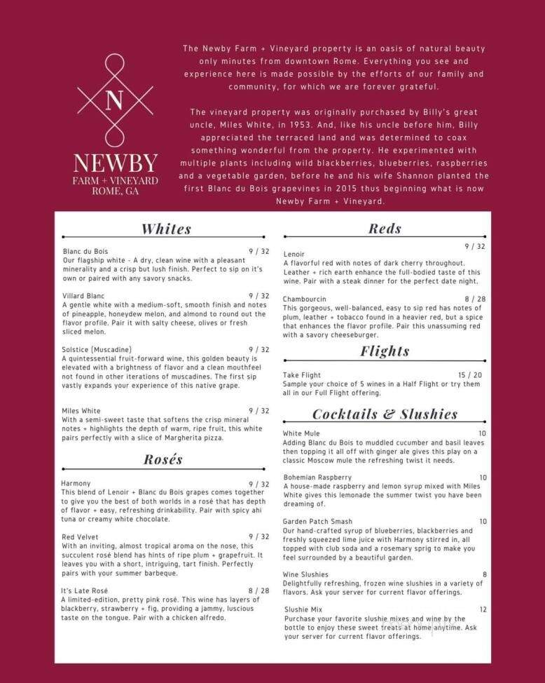 Newby Farm & Vineyard - Rome, GA menu_pic