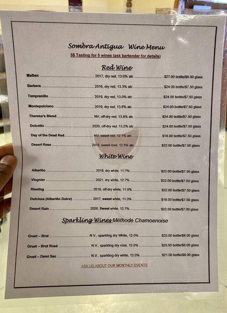 Sombra Antigua Winery - Chamberino, NM menu_pic
