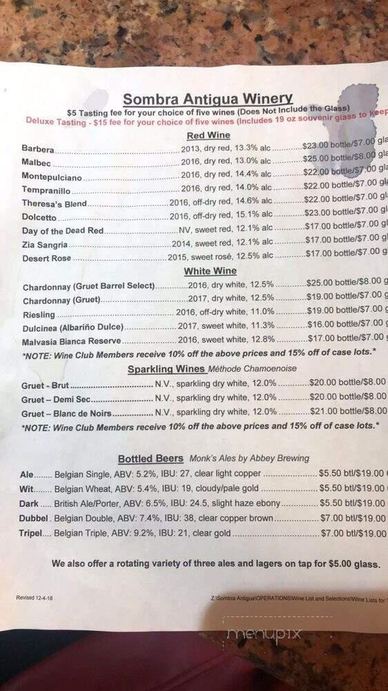 Sombra Antigua Winery - Chamberino, NM menu_pic