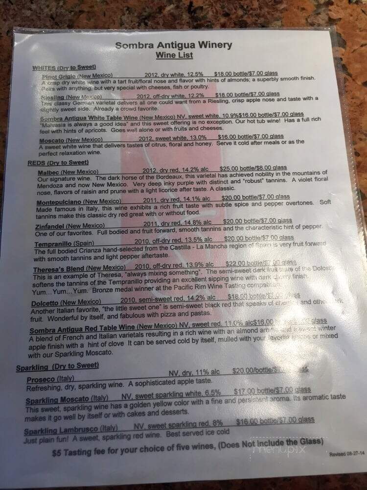 Sombra Antigua Winery - Chamberino, NM menu_pic